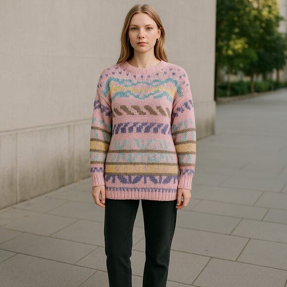 Vintage 1980s Simsbury Pastel Fair Isle Style Sweater Pink Multi Striped - Small - Picture 1 of 8